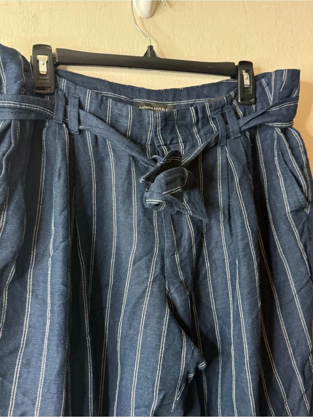 Banana Republic Navy Blue Striped Linen Blend Tie Waist Pants